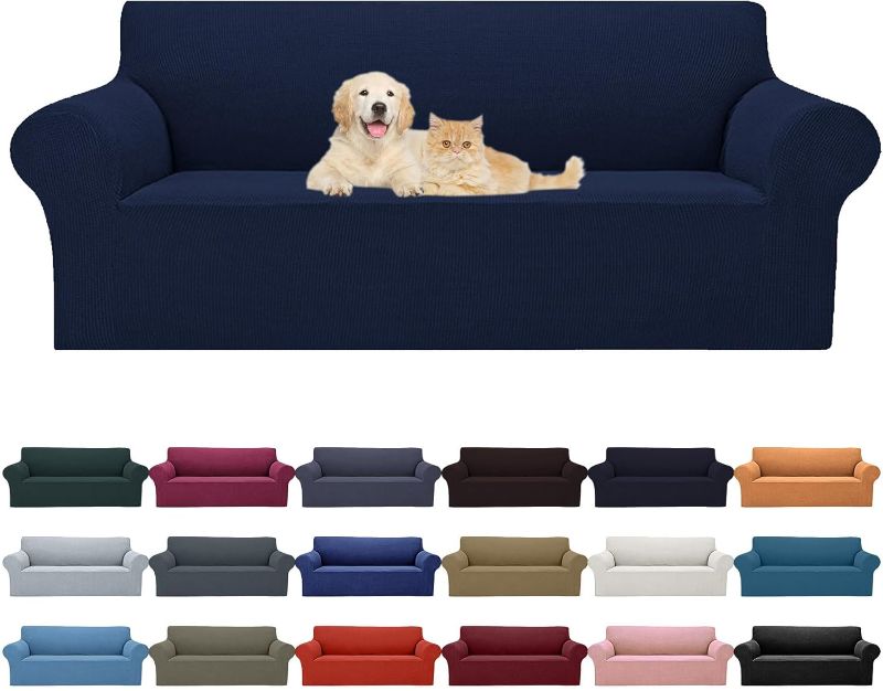 Photo 1 of 2025 New Stretch Sofa Slipcovers Couch Cover for 3 Cushion Furniture Protector Sofa Covers with Elastic Bottom Jacquard Fabric Small Checks for Pets, Kids -Sofa, Navy