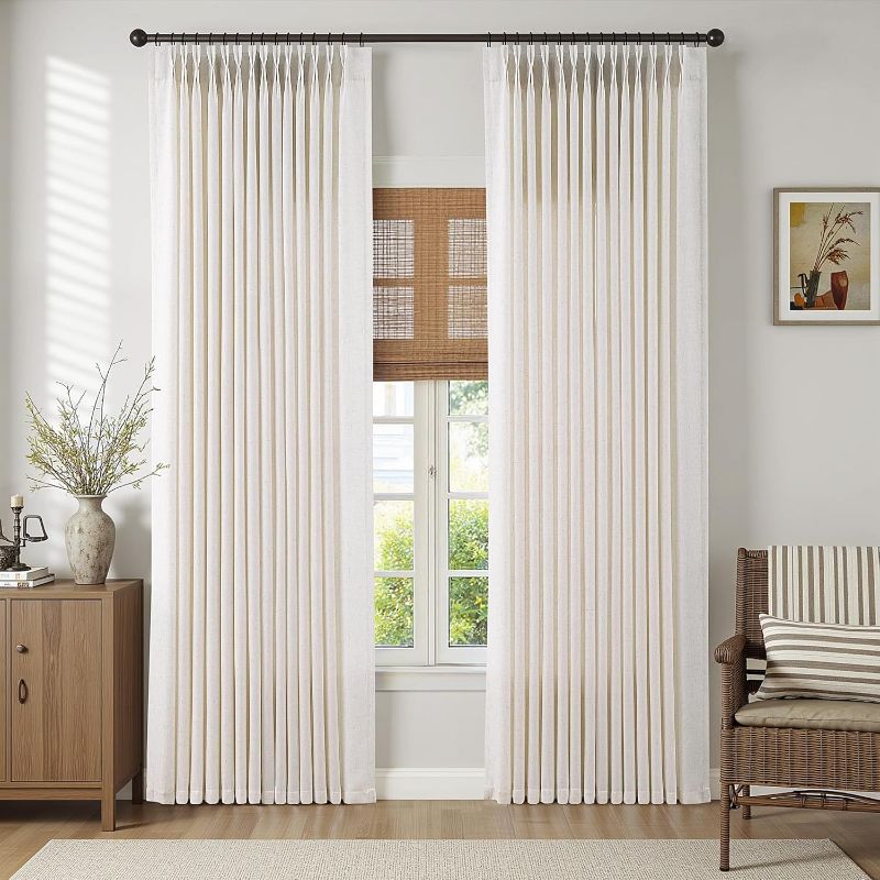 Photo 1 of Natural Memory Trained Pinch Pleated Curtains Drapes, Thick Linen Blend Privacy Light Filtering Window Curtains, Linen Textured Pleated Curtain with Hooks&Clips, Triple Pleat Memory Shape Curtain
