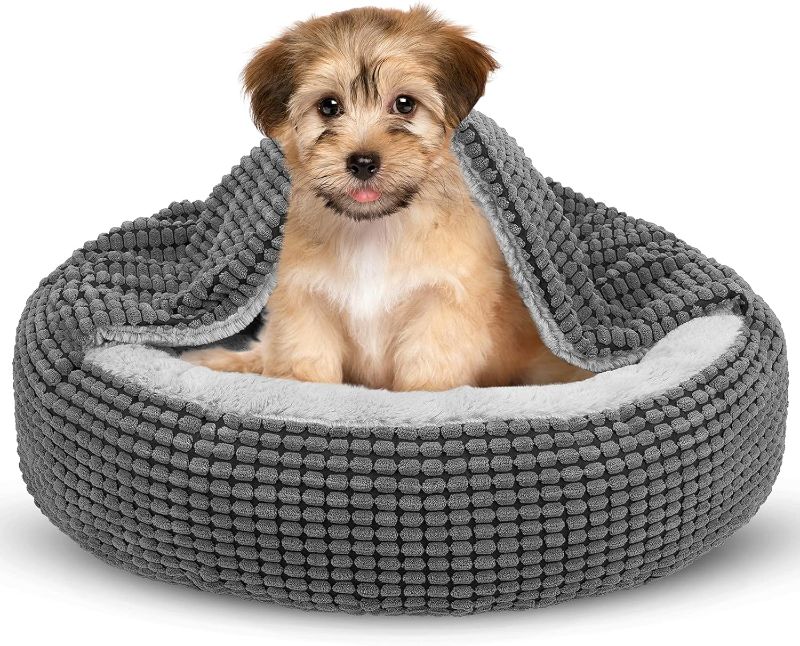 Photo 1 of Small Dog Bed with Attached Blanket, Cozy Donut Cuddler Anti-Anxiety Hooded Pet Beds Calming Cave Bed. Orthopedic Round Puppy Beds for Dogs or Cats Washable, Anti-Slip Bottom, 23inch
