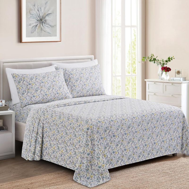 Photo 1 of Double/Full Size - Marina Decoration Ultra Soft Silky Deep Pocket Rich Printed Bedding Rayon from Bamboo All Season 6 Pieces Sheet Set with 4 Pillowcases, Teal Yellow Floral Pattern 