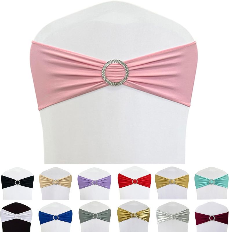 Photo 1 of Spandex Chair Sashes Bands 50PCS Stretch Chair Ties Bows with Buckle Slider for Wedding Party Banquet Decoration (Pink)