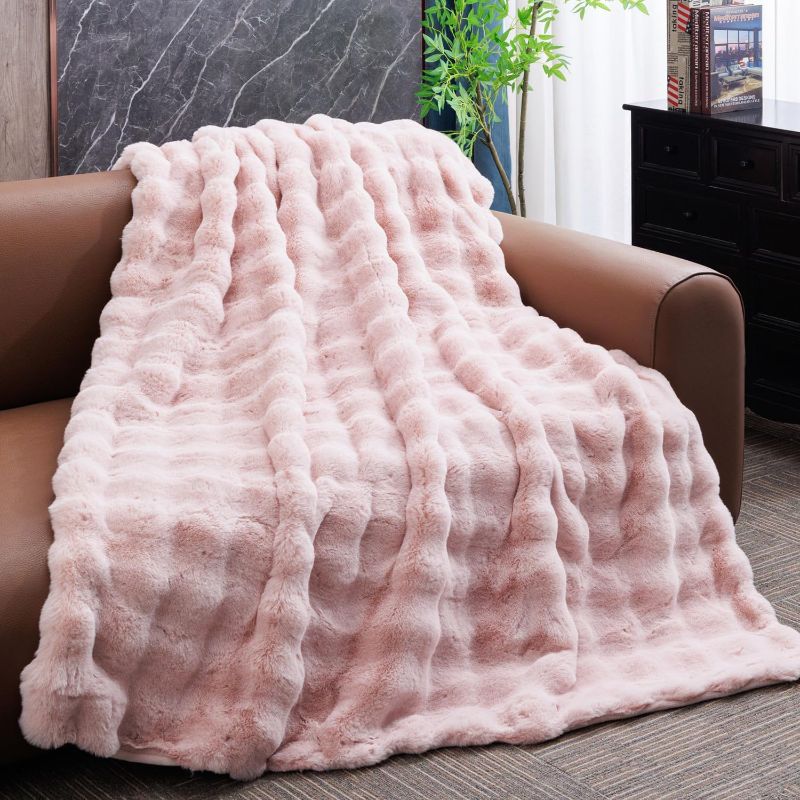Photo 1 of Light Pink Throw Blanket Fluffy Fuzzy Soft Blanket for Couch Faux Rabbit Fur Blanket Bubble for Bed Living Room Gift for Women,50 * 60 Inches