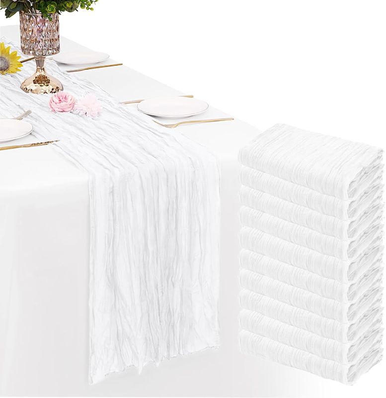 Photo 1 of 10 Pack White Cheesecloth Table Runner Gauze Rustic Sheer 35 x 70 inch White Cheese Cloth Table Runners for Wedding Party Bridal Shower Decor