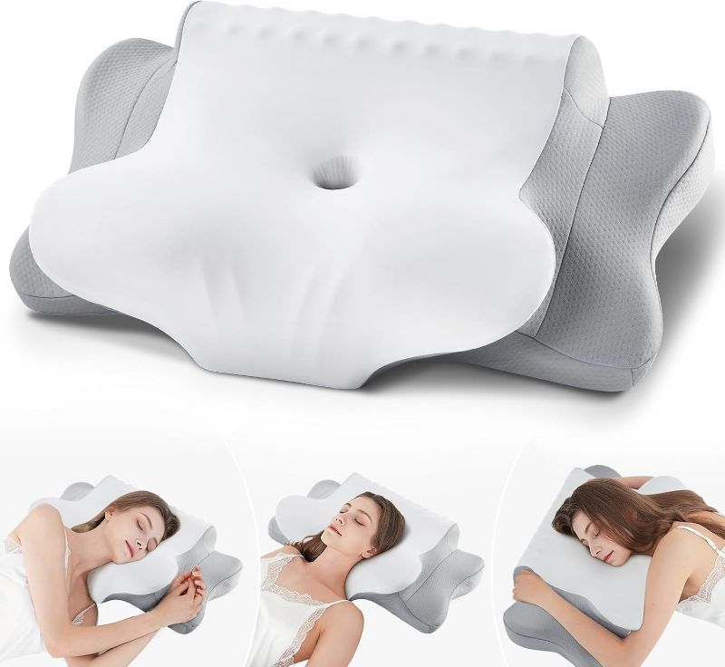 Photo 1 of Cervical Pillow for Neck Pain Relief - Cooling Ergonomic Dual-Sided Orthopedic Neck Pillow with Ice Silk Pillowcase, Breathable Memory Foam Contour Pillow for Side, Back, Stomach Sleepers