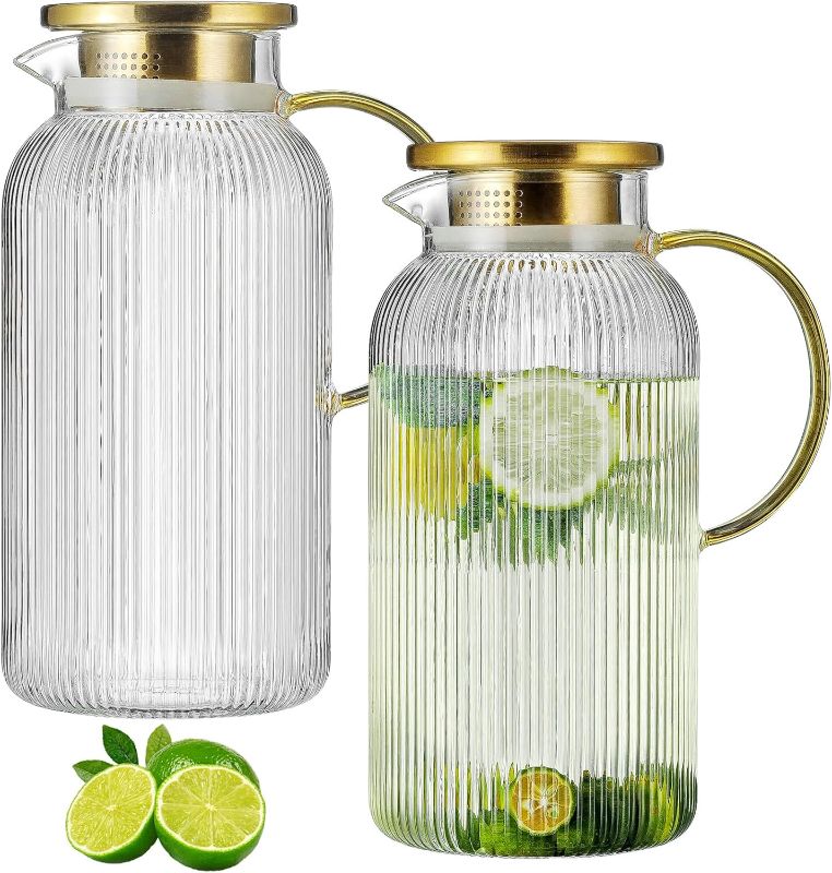 Photo 1 of 2 PACK Glass Pitcher with Lid, 68 oz/ 2 Liter Classic Vertical Stripes Water Pitcher with Handle,Glass Water Carafe for Cold Brew, Coffee, Lemonade, Iced Sun Tea,Beverage,Heat Resistant