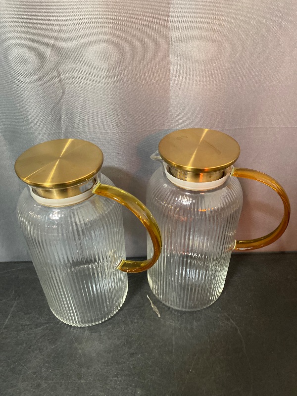Photo 1 of 2 PACK Glass Pitcher with Lid, 68 oz/ 2 Liter Classic Vertical Stripes Water Pitcher with Handle,Glass Water Carafe for Cold Brew, Coffee, Lemonade, Iced Sun Tea,Beverage,Heat Resistant