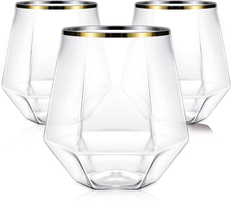 Photo 1 of 40 Pcak Plastic Stemless Wine cocktail Whiskey Champagne Glasses, 12 Oz Gold Rim Disposable Clear Unbreakable Cups for Party Bars Wedding Tasting (Diamond-shaped)