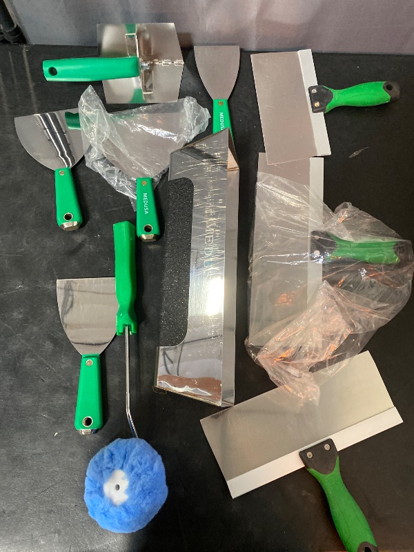 Photo 1 of MEDUSA S.S. Drywall Taping Tool Set with Adjustable and reversible S.S. Angle Tool, Removable and Replaceable Corner Mud Roller and Professional Grade S.S. Mud Pan with Grip