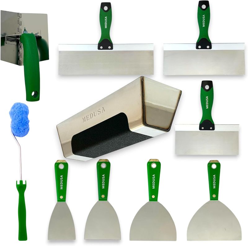 Photo 1 of MEDUSA S.S. Drywall Taping Tool Set with Adjustable and reversible S.S. Angle Tool, Removable and Replaceable Corner Mud Roller and Professional Grade S.S. Mud Pan with Grip