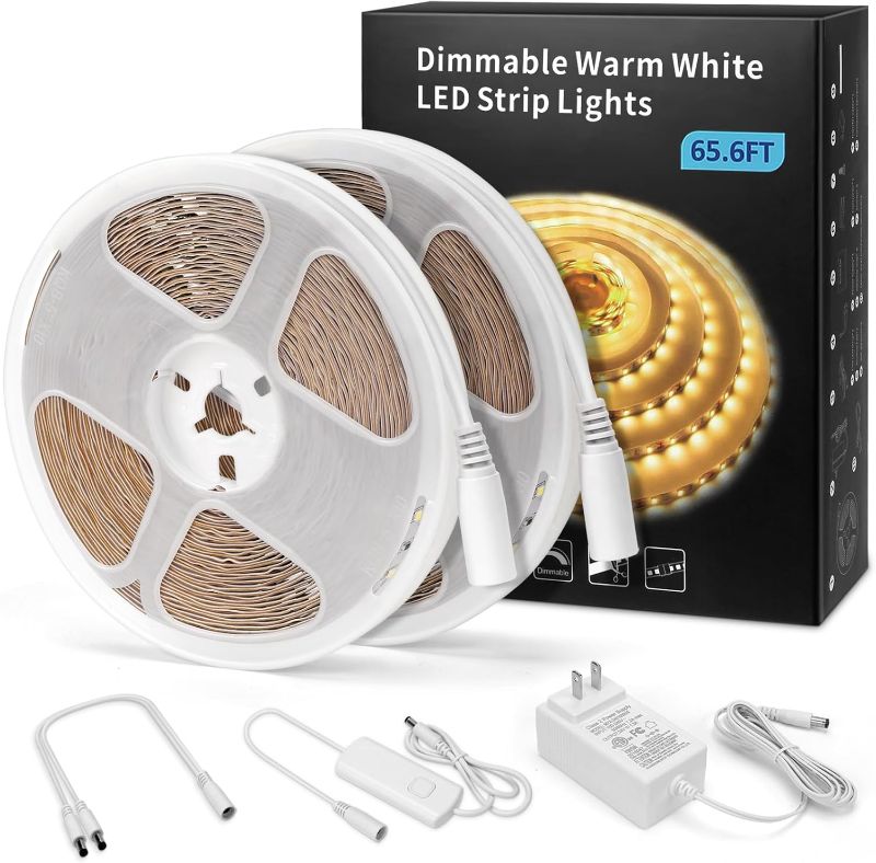 Photo 1 of Under Cabinet Lighting Kit, 65.6Ft Dimmable Led Strip Lights with 1200 LEDs,24V, Low Power Safety Adapter, Flexible Tape Light for Kitchen Cabinet,Bedroom,Counter,Shelf (Warm White-3000k)