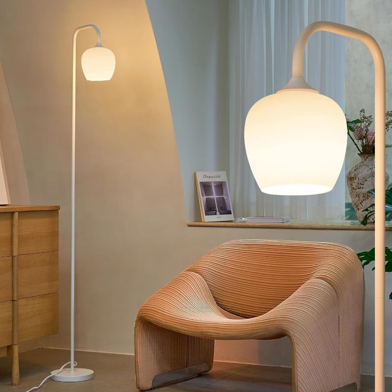 Photo 1 of White Floor Lamp-Modern Standing Lamp for Living Room Bedroom, Opal Glass Lamp Shade, LED Bulb Included, for Reading Office, Simple Design Home Decor for Christmas Thanksgiving Day