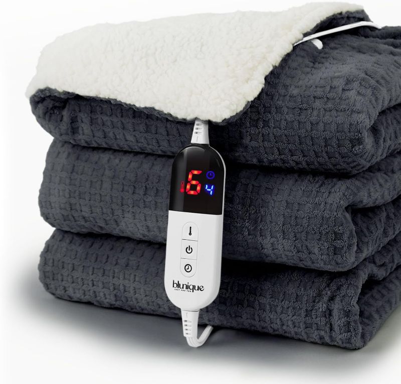 Photo 1 of Heated Blanket Electric Throw Waffle, 50x60 Inches Sherpa Fleece Fast Heating Blanket 6 Heating Levels & 4 Hours Auto Off ETL Certification,Charcoal Grey Throw