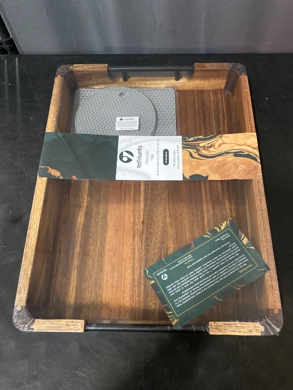 Photo 1 of Wood Serving Tray with Handles, 17"x13" Large Decorative Ottoman Tray for Coffee Table, Walnut and Acacia Wooden Serving Trays for Party, Home Decor Rectangular Platters with 3 Silicone Mats