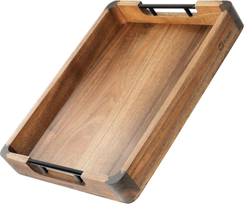 Photo 1 of Wood Serving Tray with Handles, 17"x13" Large Decorative Ottoman Tray for Coffee Table, Walnut and Acacia Wooden Serving Trays for Party, Home Decor Rectangular Platters with 3 Silicone Mats
