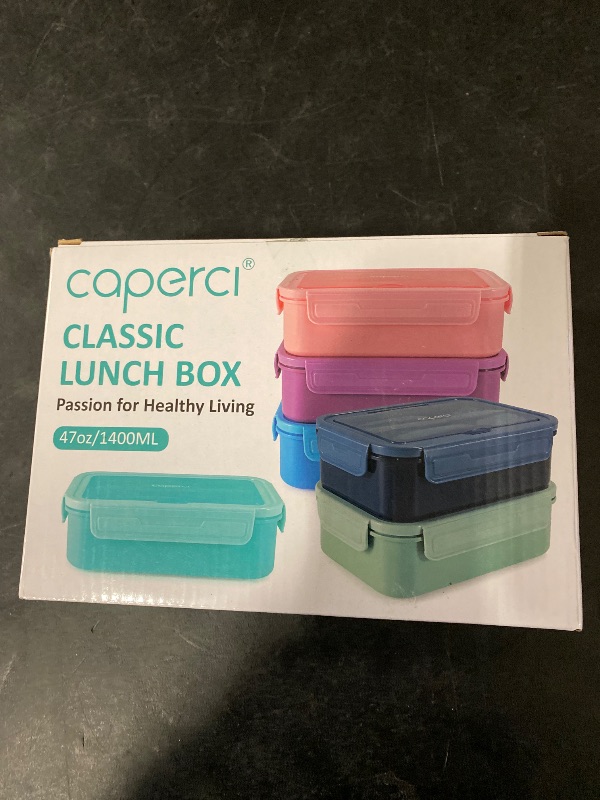 Photo 1 of Caperci Classic Bento Box Adult Lunch Box for Older Kids - Leakpoof 47 oz 3-Compartment Containers for Adults and Teens, Built-in Utensil Set, Ideal for On-the-Go Balanced Eating, Navy Blue