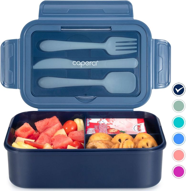 Photo 1 of Caperci Classic Bento Box Adult Lunch Box for Older Kids - Leakpoof 47 oz 3-Compartment Containers for Adults and Teens, Built-in Utensil Set, Ideal for On-the-Go Balanced Eating, Navy Blue