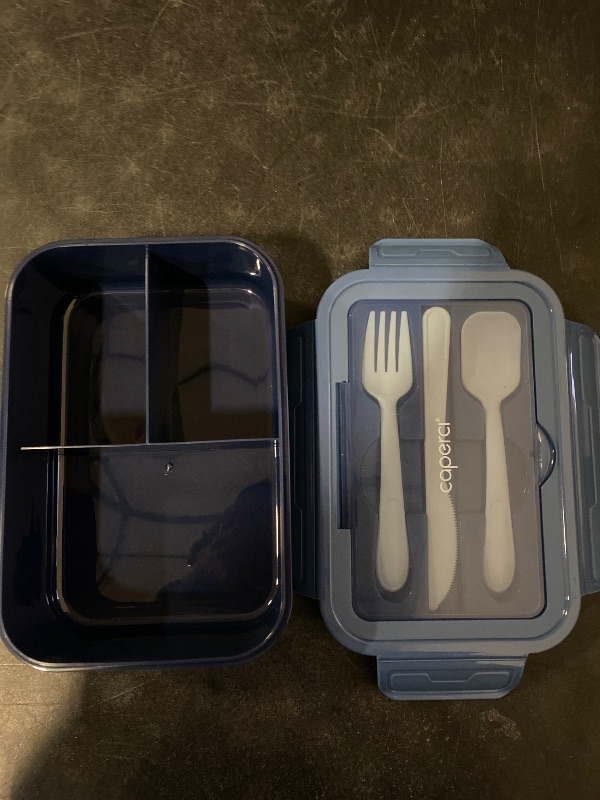 Photo 1 of Caperci Classic Bento Box Adult Lunch Box for Older Kids - Leakpoof 47 oz 3-Compartment Containers for Adults and Teens, Built-in Utensil Set, Ideal for On-the-Go Balanced Eating, Navy Blue