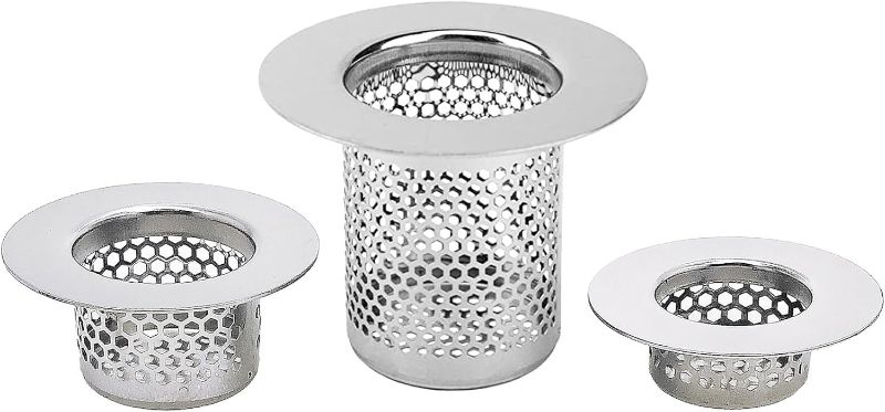 Photo 1 of Bathroom Drain Strainers (Set of 3 Sizes), Hair Catcher for Bathroom Sink Bathtub Shower Floor Drain, Stainless Steel Filter Trap Fit Drain Hole from 1.2” to 2.17”