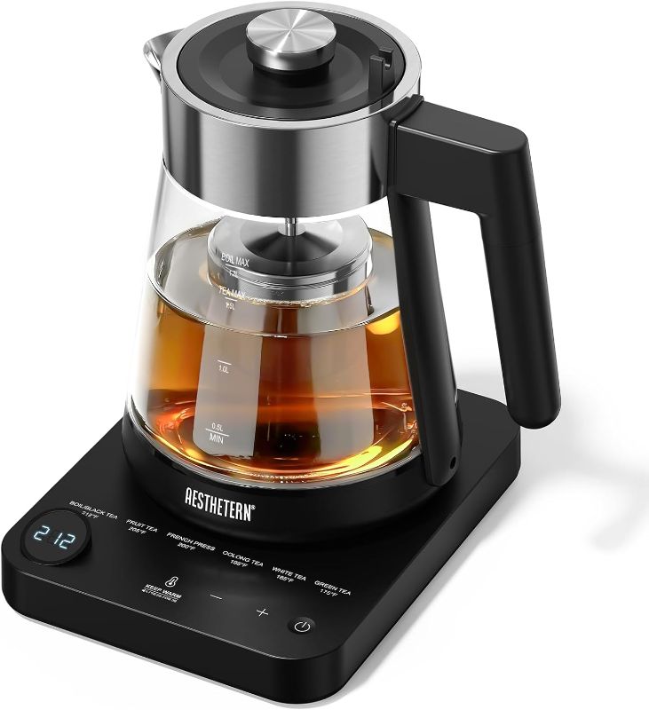 Photo 1 of Electric Tea Kettle with Infuser 1.7L Glass Electric Kettle with Temperature Control Automatic Shut Off 12H Keep Warm for Tea Coffee Water Heater, Black