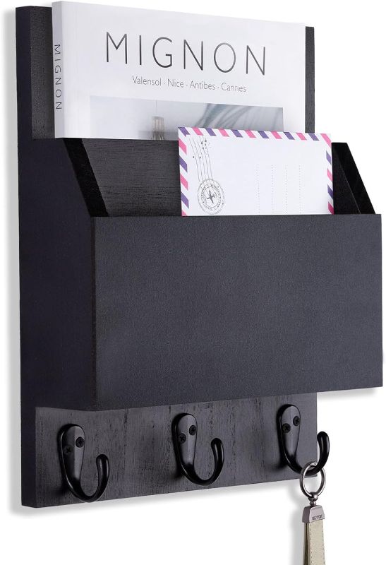 Photo 1 of Key and Mail Holder for Wall Mount, Entryway Mail Holder with 2 Slot, Key Holder with 3 Sturdy Hooks for Coat, Dog Leash, Decorative Key Rack (8.86”W x 11.42”H x 3”D) (Black)