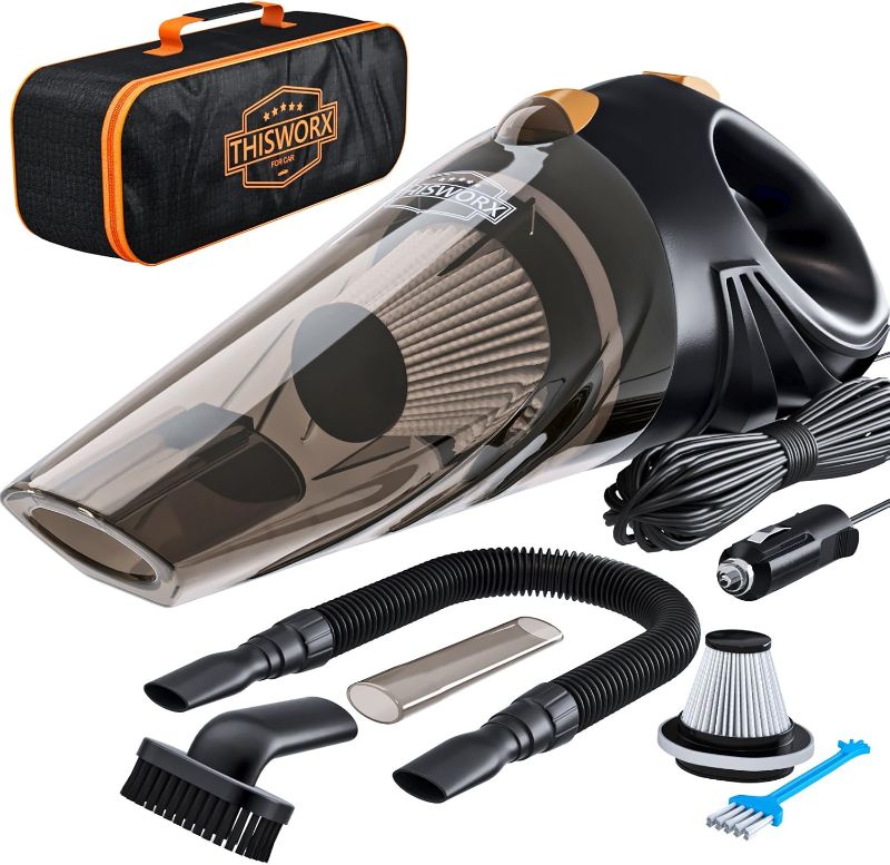Photo 1 of THISWORX Car Vacuum Cleaner - Portable, High Power, Handheld Vacuums w/ 3 Attachments, 16 Ft Cord & Bag - 12v, Auto Accessories Kit for Interior Detailing - Black
