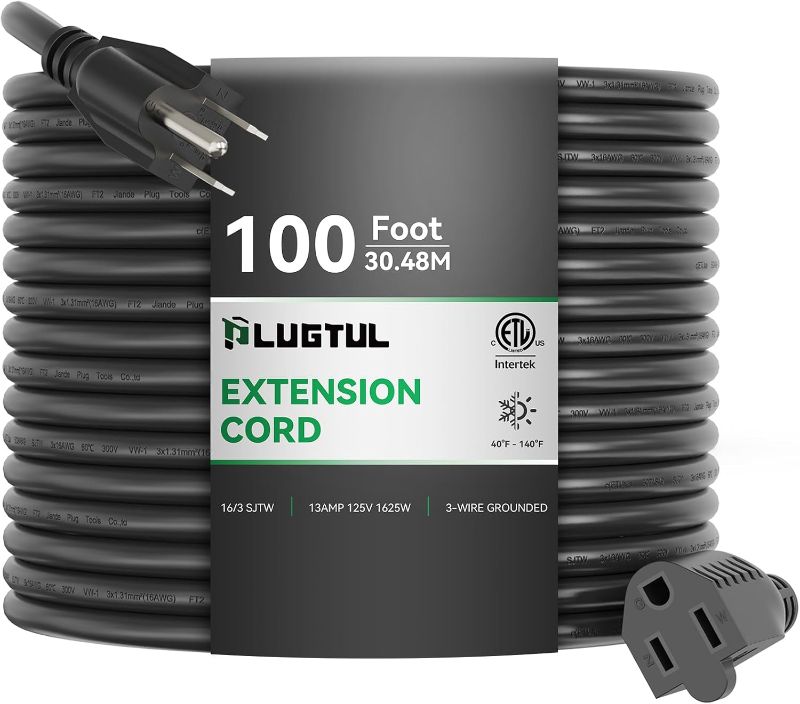 Photo 1 of PLUGTUL Extension Cord 100FT, 16/3 Gauge Outdoor Extension Cord Waterproof, 13A 1625W SJTW, ETL Listed, Great for Garden and Home, Black