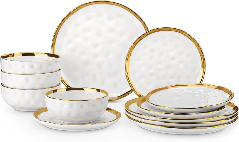Photo 1 of LOVECASA 12 Pieces Plates and Bowls Sets, Porcelain White and Gold Dinnerware Sets, Round Dinner Plates Dishes Set Service for 4, Dishwasher Safe and Scratch Resistant, White