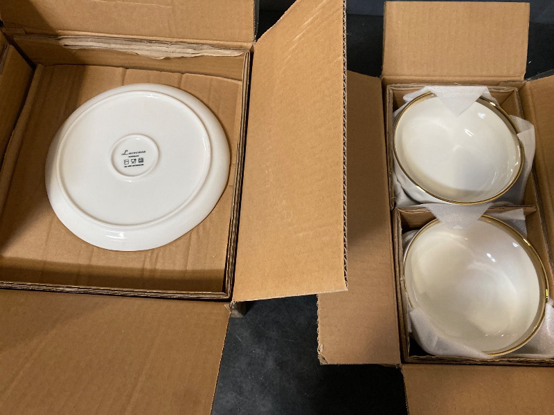 Photo 1 of LOVECASA 12 Pieces Plates and Bowls Sets, Porcelain White and Gold Dinnerware Sets, Round Dinner Plates Dishes Set Service for 4, Dishwasher Safe and Scratch Resistant, White