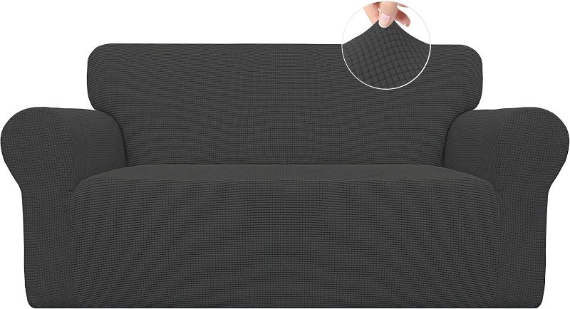 Photo 1 of Easy-Going Stretch Loveseat Slipcover 1-Piece Sofa Cover Furniture Protector Couch Soft with Elastic Bottom for Kids Polyester Spandex Jacquard Fabric Small Checks (Loveseat, Dark Gray)