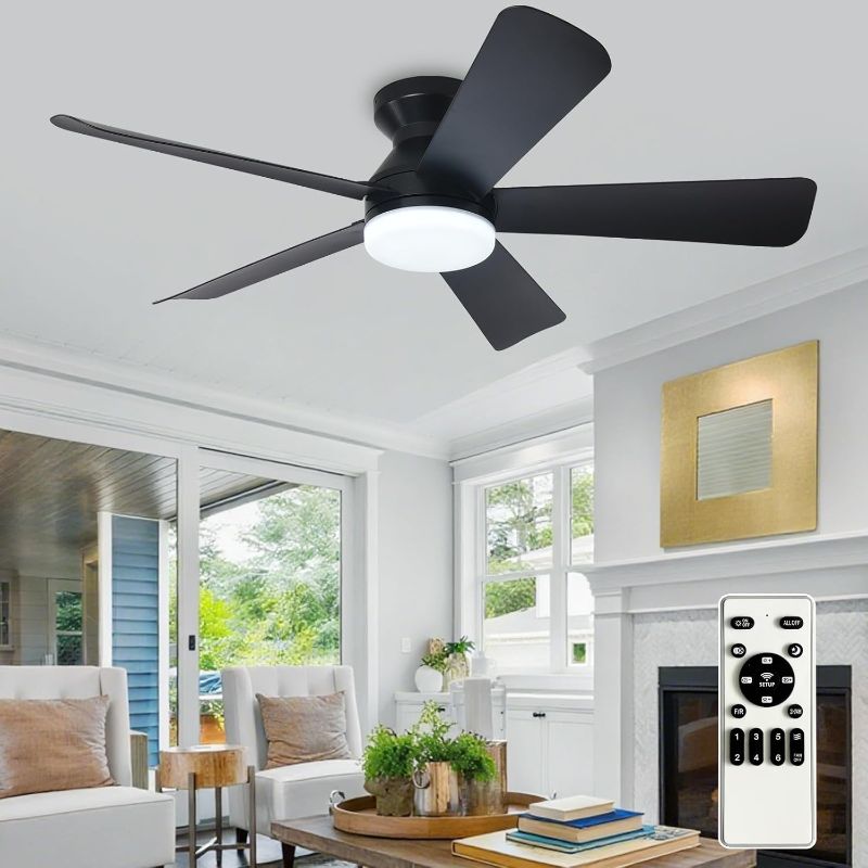Photo 1 of Modern Ceiling Fan with Light: 42-Inch Black Small Fans for Bedroom Indoor Outdoor - Dimmable Low Profile Ceiling Fans with Remote Control Flush Mount 5 Reversible Black Blades 6 Speeds Timer