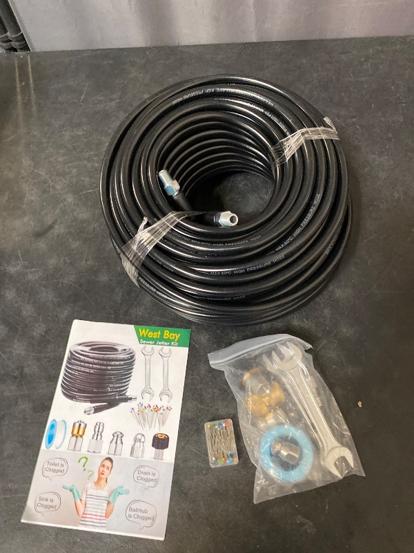 Photo 1 of Sewer Jetter Kit 100FT for Pressure Washer, 5800PSI Drain Cleaner Hose 1/4 Inch NPT Corner Rotating and Button Nose Sewer Jetting Nozzle Spanner Waterproof Tape Pearl Corsage Pin