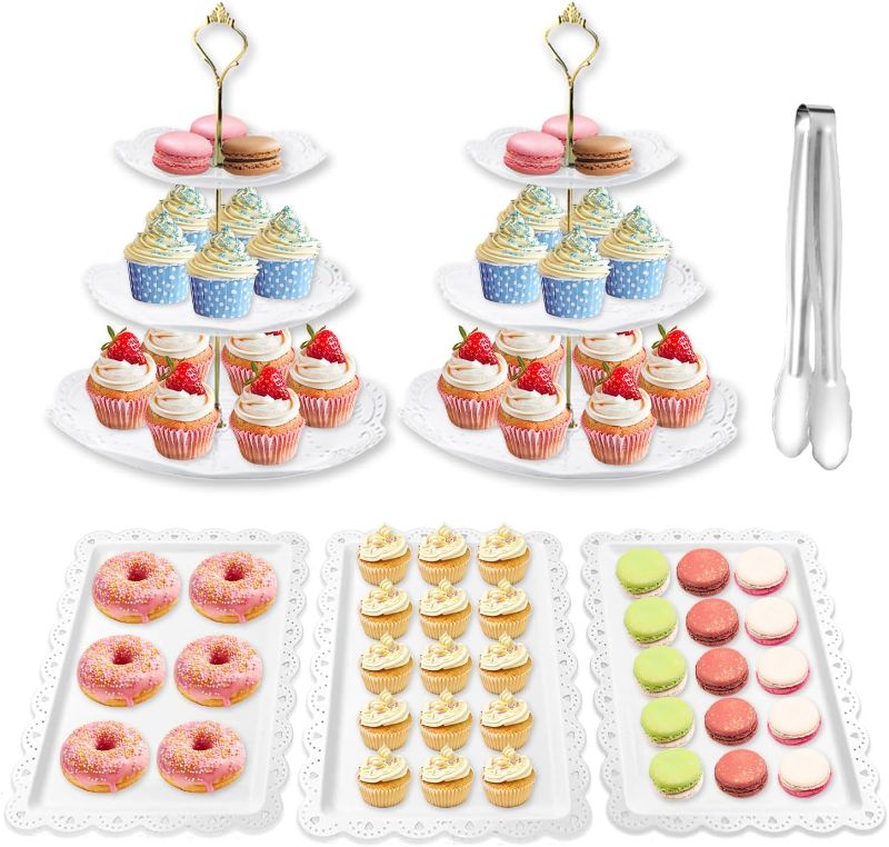 Photo 1 of 6 Pieces Cupcake Stand Set with 2 x 3 Tier Cupcake Stands, 3 x Appetizer Trays, 1x Tongs, Dessert Table Display Set for Wedding Birthday Baby Shower Tea Party (Round)