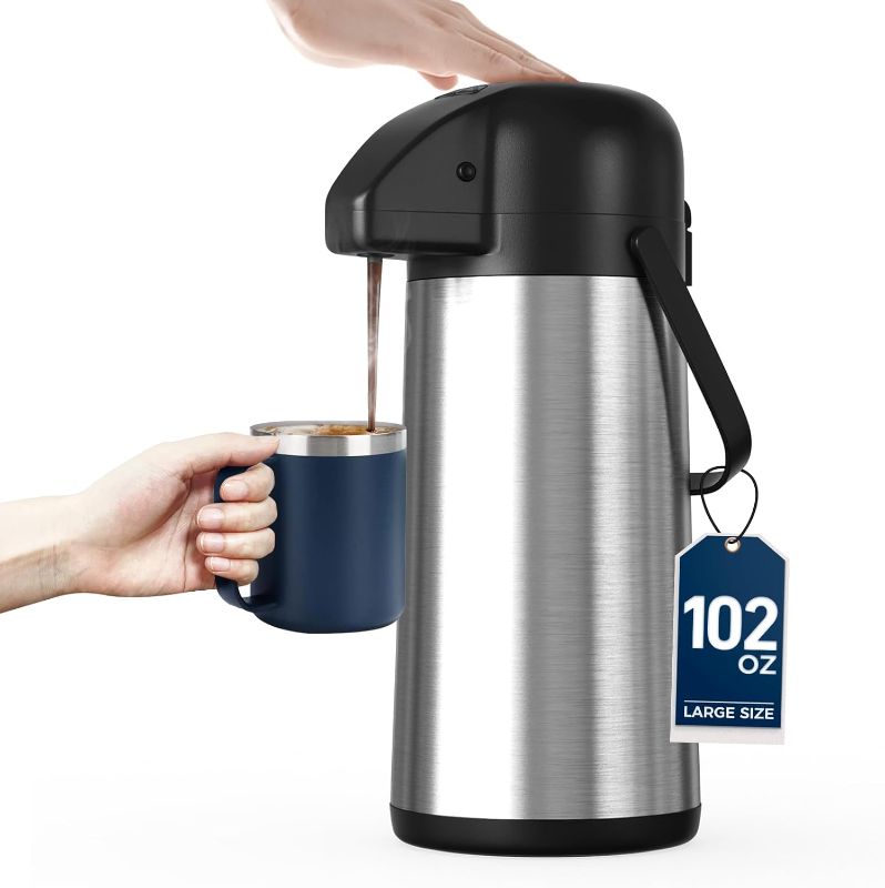 Photo 1 of Coffee Carafe for Keeping Hot - 102OZ / 3L Airpot Coffee Dispenser with Pump - Large Coffee Thermos for Hot Drinks Tea Liquid - Insulated Stainless Steel Hot Water Beverage Dispenser Urn for Parties