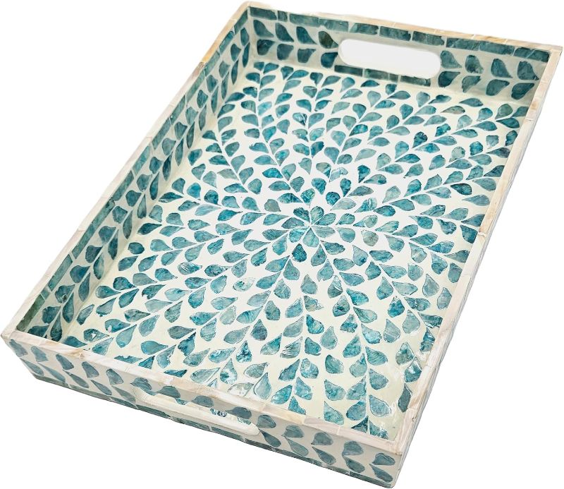 Photo 1 of Rectangular Mother of Pearl Serving Tray Nacre Wood Lap Ottoman Tray for Coffee Table, Luxury Decorative Handmade Eating Platters w Insert Handles (Teal Floral Pattern)