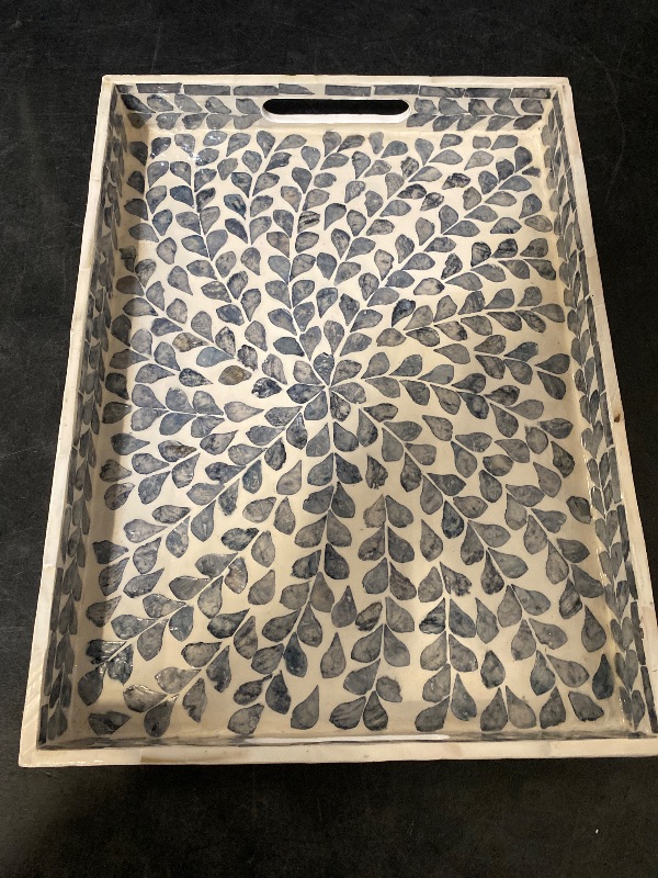 Photo 1 of Rectangular Mother of Pearl Serving Tray Nacre Wood Lap Ottoman Tray for Coffee Table, Luxury Decorative Handmade Eating Platters w Insert Handles (Teal Floral Pattern)