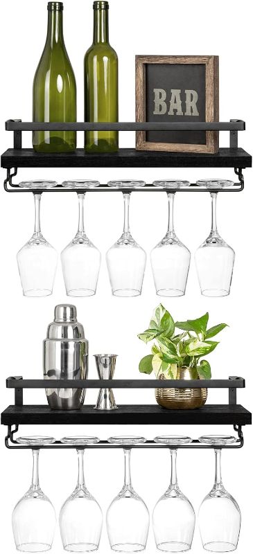 Photo 1 of Mkono Wall Mounted Wine Rack Set of 2 Wood Shelf Rustic Wine Bottle Glass Floating Shelves with Stemware Hanger Modern Plants Photos Wine Display Storage Holder for Kitchen Dining Room Bar, Black