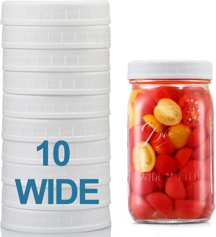 Photo 1 of  [10 Pack] WIDE Mouth Mason Jar Lids for Ball, Kerr and More - White Plastic Storage Caps for Mason/Canning Jars - Leak-Proof, Dishwasher Safe & Food Grade