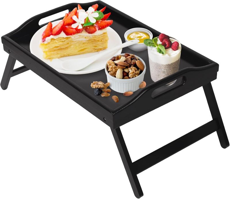 Photo 1 of Bed Tray Table Folding Legs with Handles Breakfast Food Tray for Sofa,Bed,Eating,Drawing,Platters Serving Lap Desk Snack Tray(Black Medium)