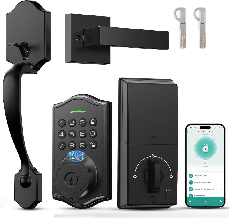 Photo 1 of Keyless Entry Door Lock with Handle,Fingerprint Smart Front Door Lock Set,APP Control, Electronic Keypad Deadbolt with Lever Handle, Anti-Peeping, Auto Lock, Easy Install, Black