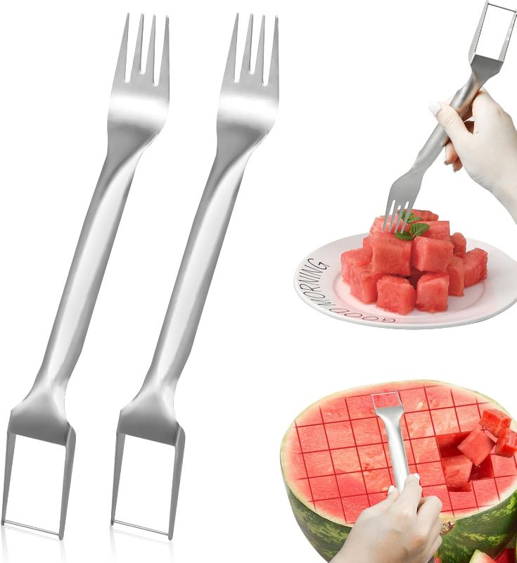 Photo 1 of 2Pcs Watermelon Fork Slicer Cutter, Stainless Steel 2-in-1 Watermelon Fork Slicer, Portable Watermelon Fork Watermelon Cutter Slicer Tool Fruit Forks Slicer for Home Party Camping Kitchen Gadget