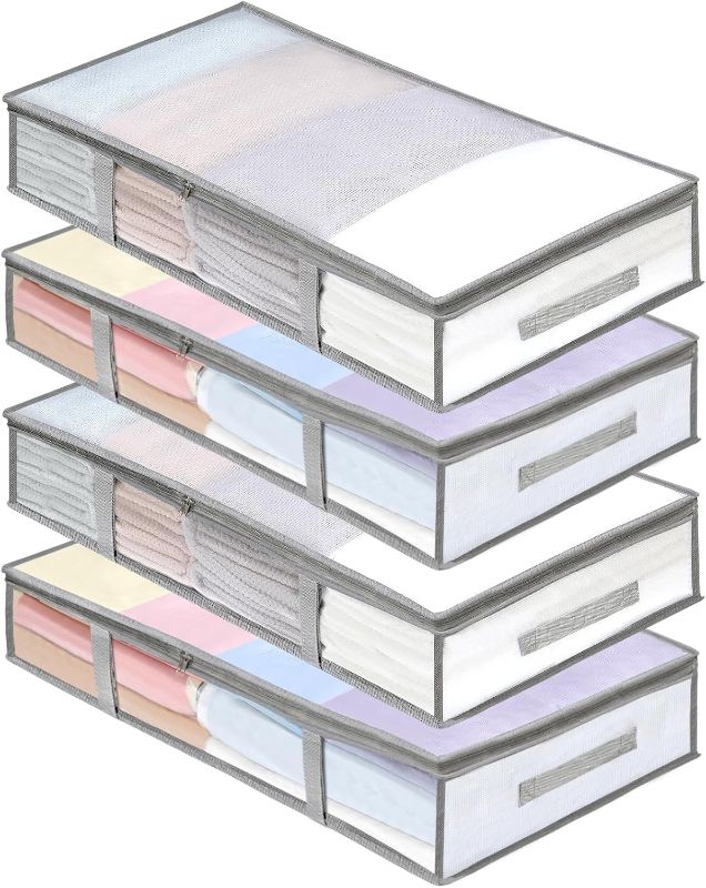 Photo 1 of 4 Packs Under Bed Storage Containers Bins, Humid-Proof Plastic Underbed Storage Bins, Closet Organizers and Clothes Storage Bags, Under the Bed Blanket Storage with Handles for Clothes,Bedroom