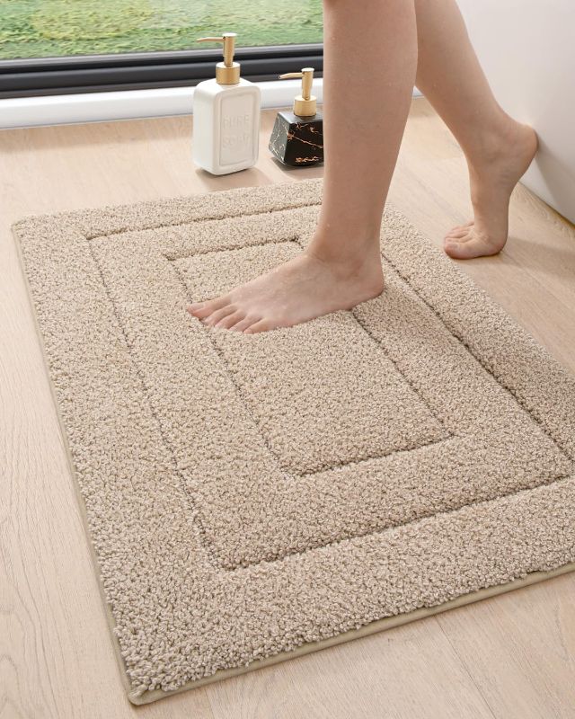 Photo 1 of Bathroom Rug 24x16, Non Slip Washable Bath Mat for Shower Floor, Absorbent Soft Bathmat with Rubber Backing, Quick Dry Microfiber Carpet, Beige