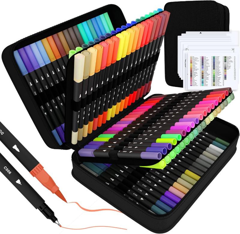 Photo 1 of Art Supplier Dual Brush Markers Pens, 110 Artist Coloring Marker Set, Fineliner & Brush Tip Pen with Premium Case for Adults Coloring Books & Journal, Drawing, Doodlin