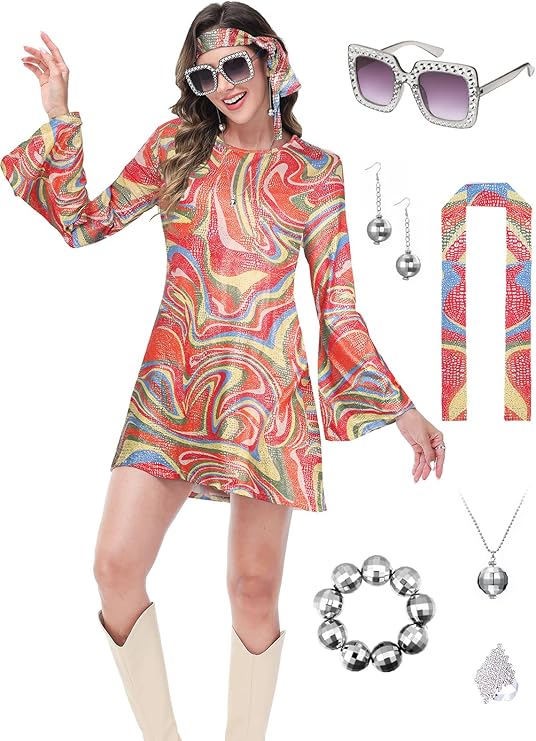 Photo 1 of M 70s Outfits Costume for Women, 7pcs 60s Disco Dress Necklace Earrings Sunglass Bracelets Ring Party Supplies