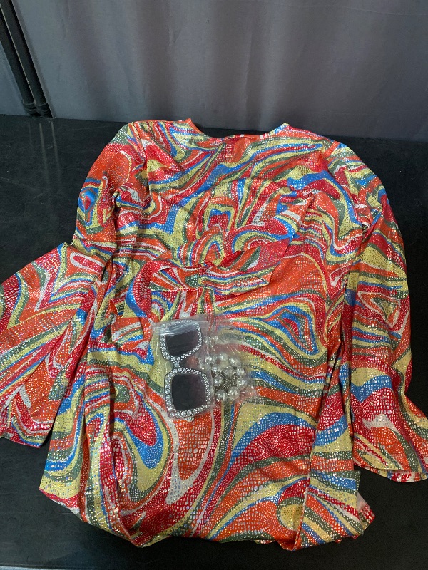 Photo 1 of M 70s Outfits Costume for Women, 7pcs 60s Disco Dress Necklace Earrings Sunglass Bracelets Ring Party Supplies