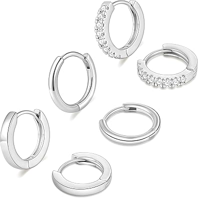 Photo 1 of 3 Pairs Small Hoop Earrings Set for Women, Silver Plated Huggie Hoop Earrings for Men, Tiny Cartilage Hypoallergenic Earring Set