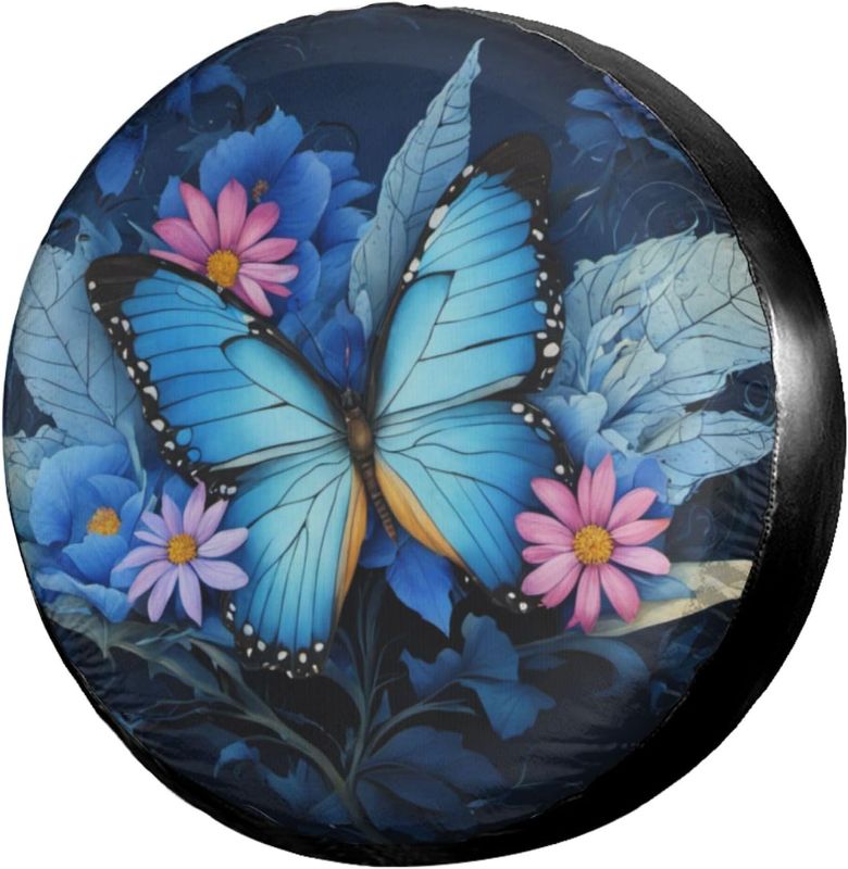 Photo 1 of Blue Butterfly Flower Spare Tire Cover, Universal Wheel Tire Cover Dust-Proof Tire Protectors for Trailer Rv Van SUV Truck Camper and Many Vehicle 14 15 16 17 Inch