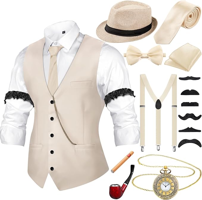 Photo 1 of 1920s Men Costume Accessories Outfit with Gangster Vest Hat Vintage Pocket Watch Bow Tie Suspenders Accessories