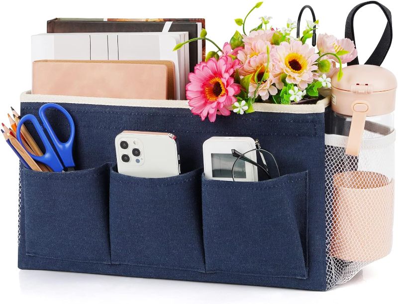 Photo 1 of Bedside Caddy Bedside Organizer Bedside Storage Caddy with Fixed Straps and Water Bottle Holder for Home College Dorm Bunk Bed Hospital Bed Crib Bed Rails (Navy Blue)