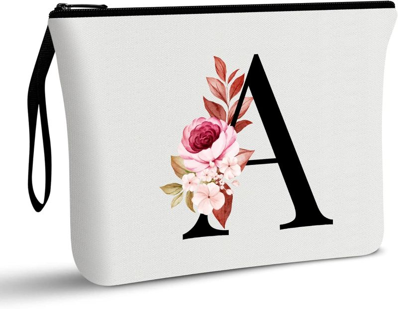 Photo 1 of A-Z Personalized Makeup Bag, Birthday Gifts for Women Mom, Gifts for Best Friend, Bride Bridesmaid Cosmetic bag (A, White)